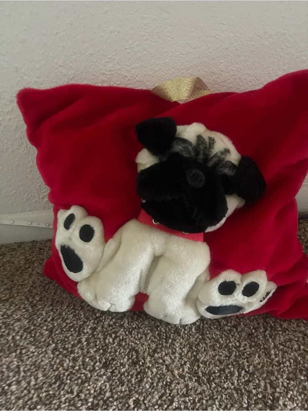 Red Plush Pillow with Attached Pug Plush